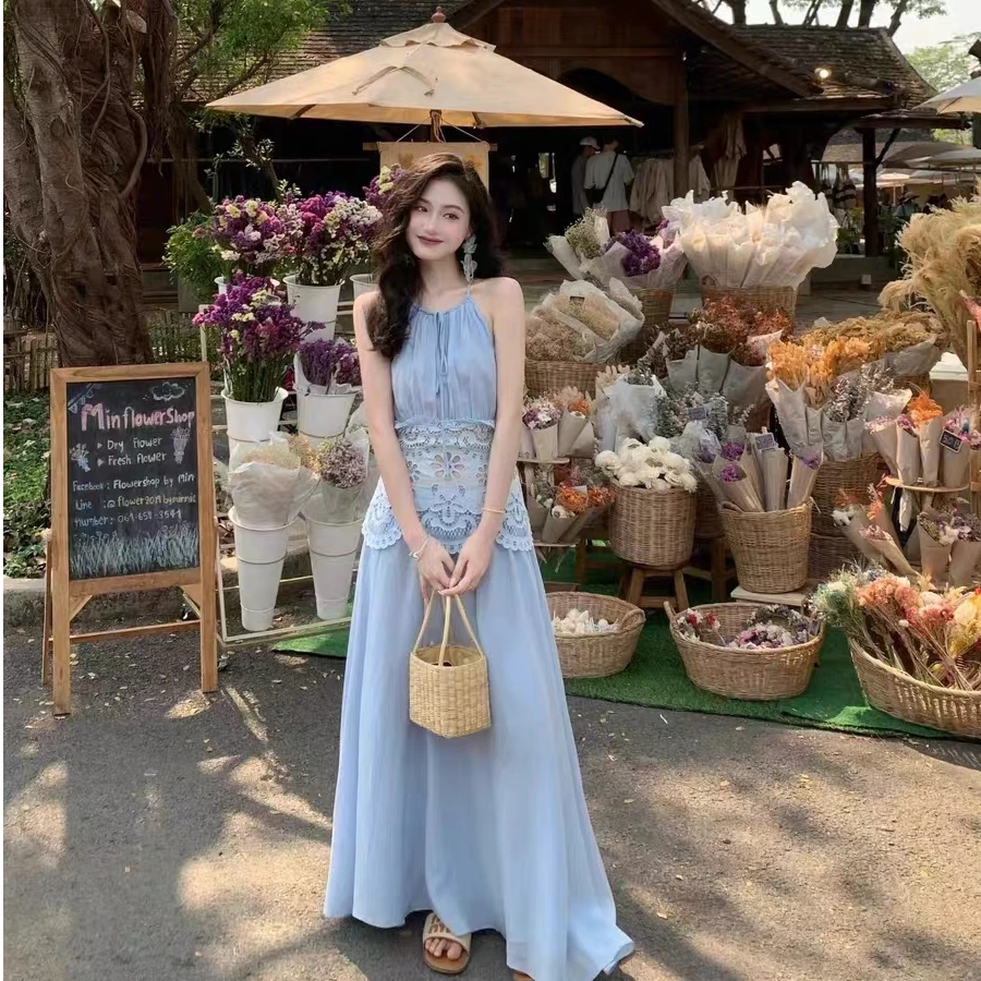 温柔风气质度假挂脖修身背心连衣裙女装2025夏季新款优雅a字长裙