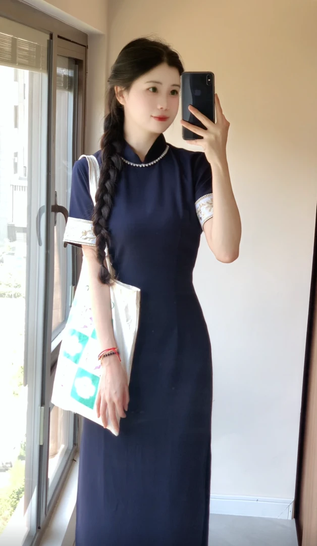 四季予她【远岚】蓝色显白文艺书卷气改良日常刺绣旗袍  衣长120
