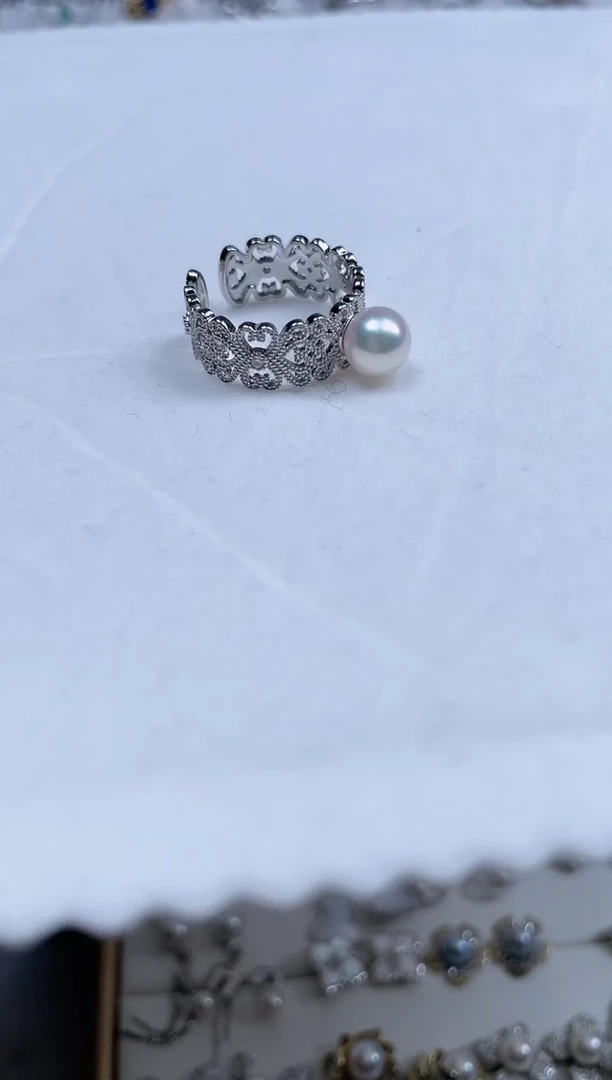 【闪购商品】海水珍珠戒指银S925镶嵌宽版蕾丝珍珠戒指
