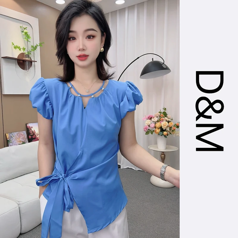 花苞袖夏季短袖圆领衬衫系带收腰不规则下摆洋气百搭