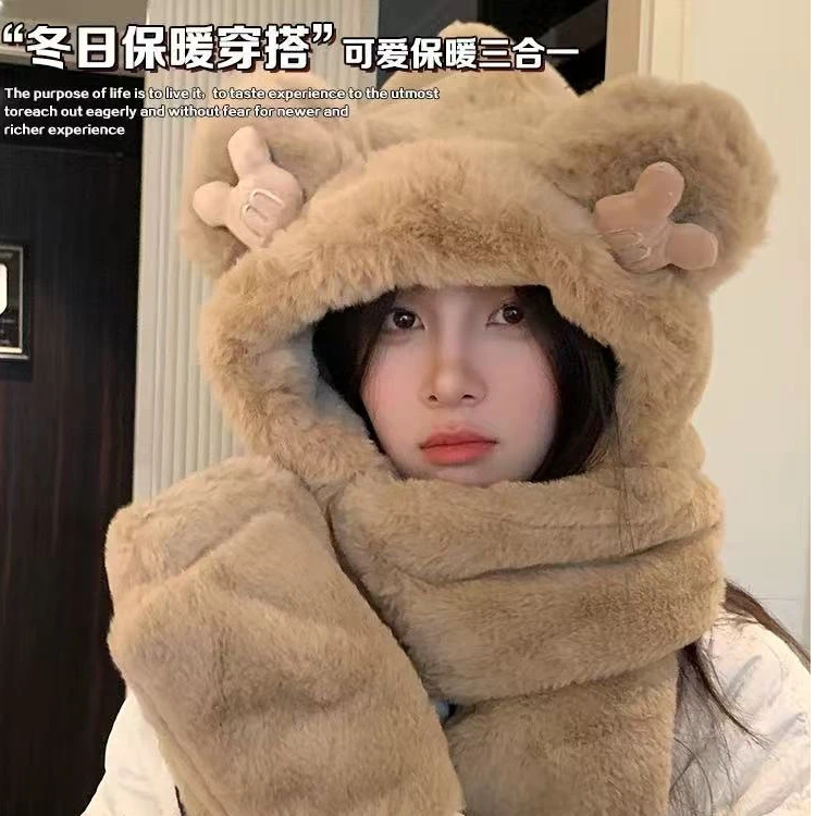 M豆小熊围巾女冬季韩版百搭帽子围脖一体可爱护耳保暖三件套