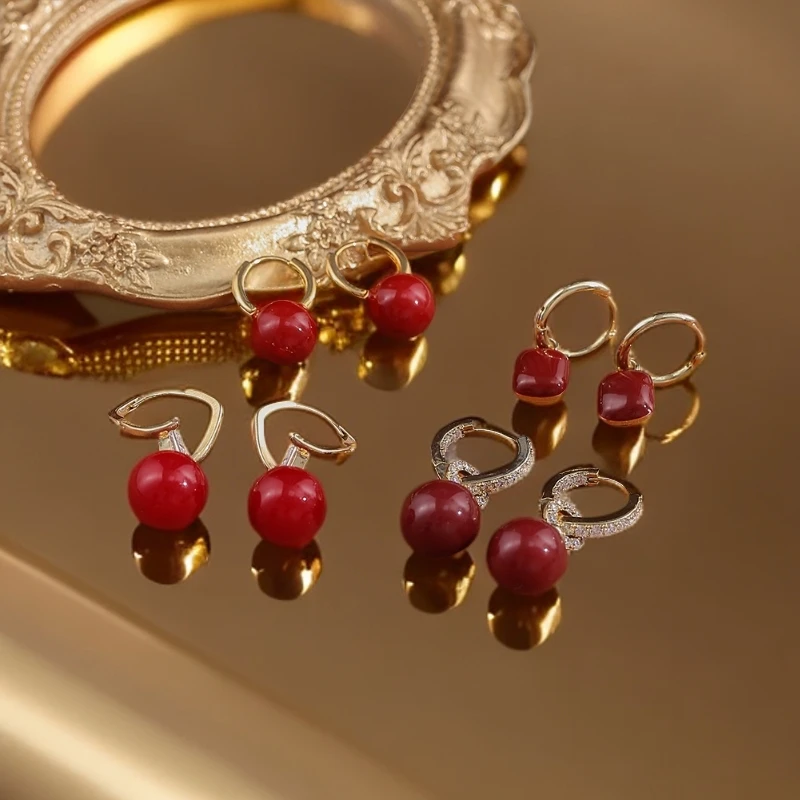 黄铜锆石耳饰 复古港风安可拉红耳环时尚高级感个性设计气质