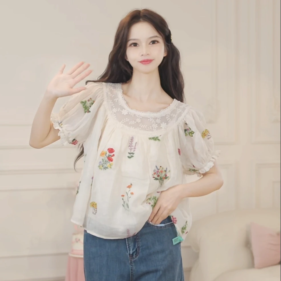 CHERI.Z复古绣花泡泡袖衬衫2025夏季新款小众绝美上衣D25B04309J