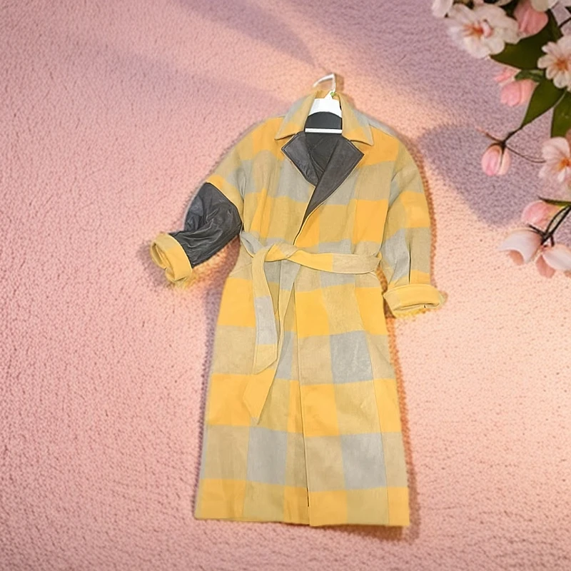 秋冬季格子拼接系带中长款外套T032