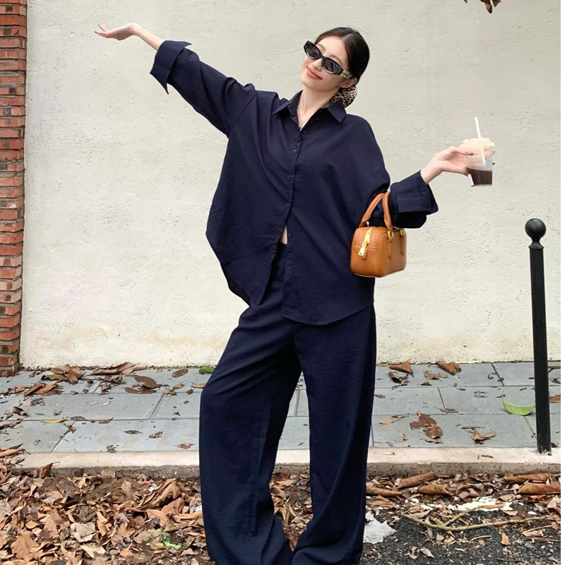 老钱风套装女藏蓝色慵懒宽松衬衫阔腿休闲裤减龄两件套休闲透气