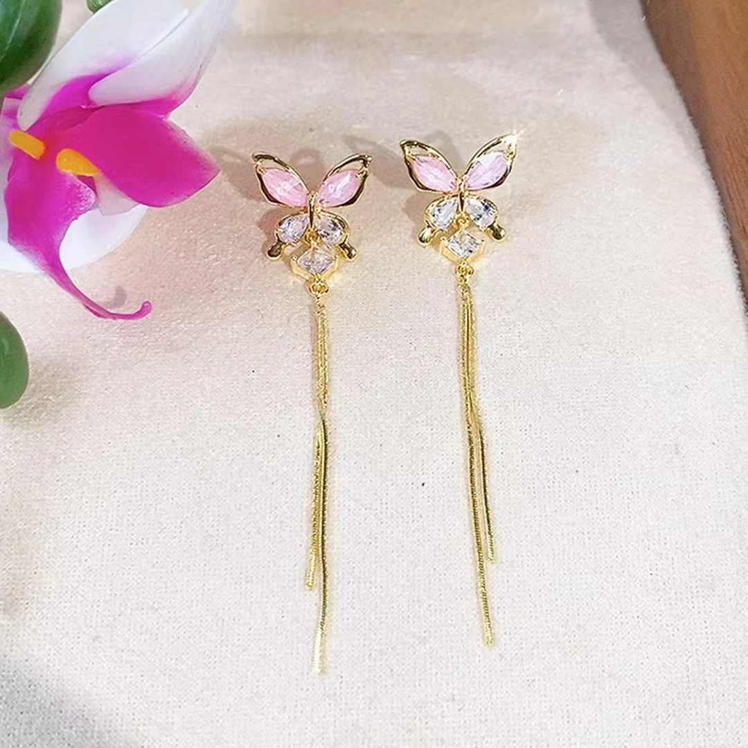 铜合金锆石耳饰 （783号）新款粉色蝴蝶长款流苏精致百搭耳饰耳环