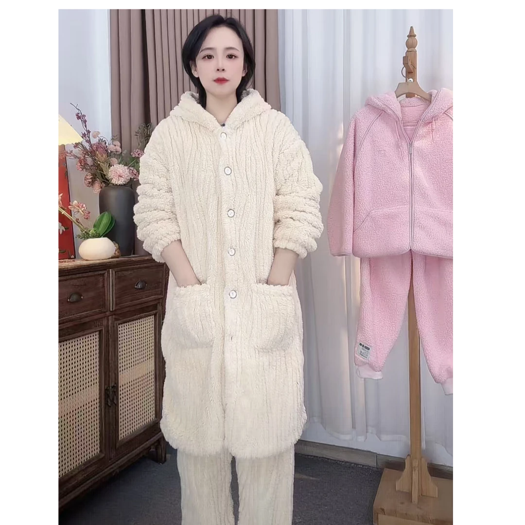 加厚提花长款珊瑚绒睡衣女士秋冬季睡袍套装连帽家居服保暖可外穿