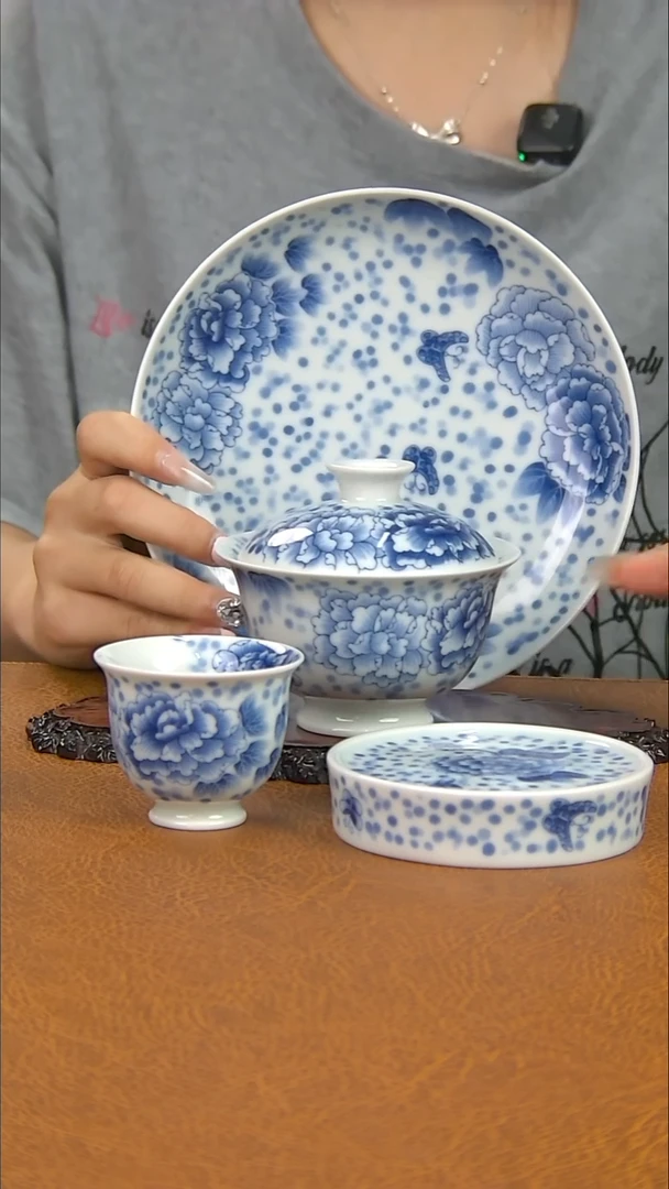 景德镇手工青花牡丹盖碗套组