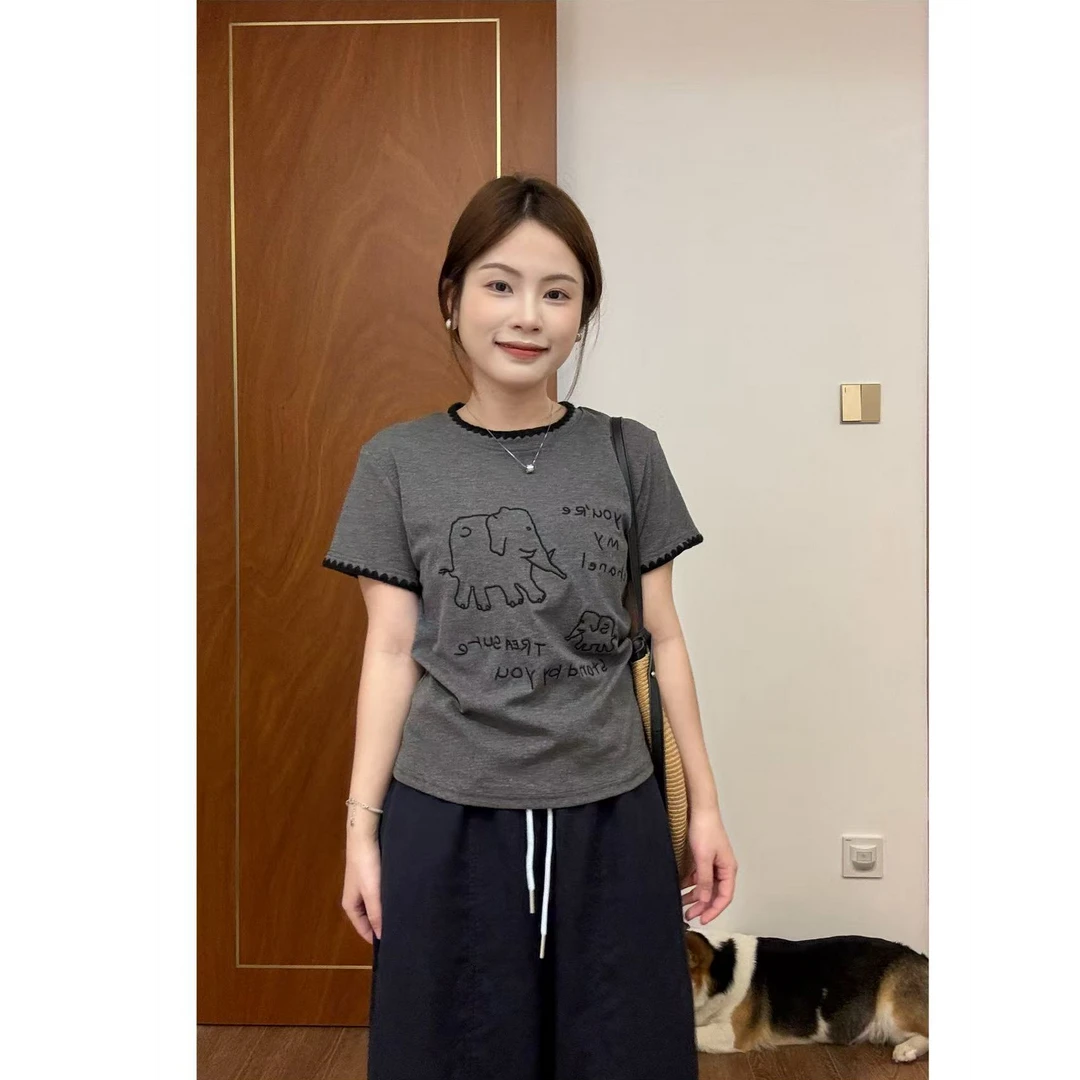 重工钩花短袖t恤女夏季简笔小象刺绣体恤正肩上衣休闲