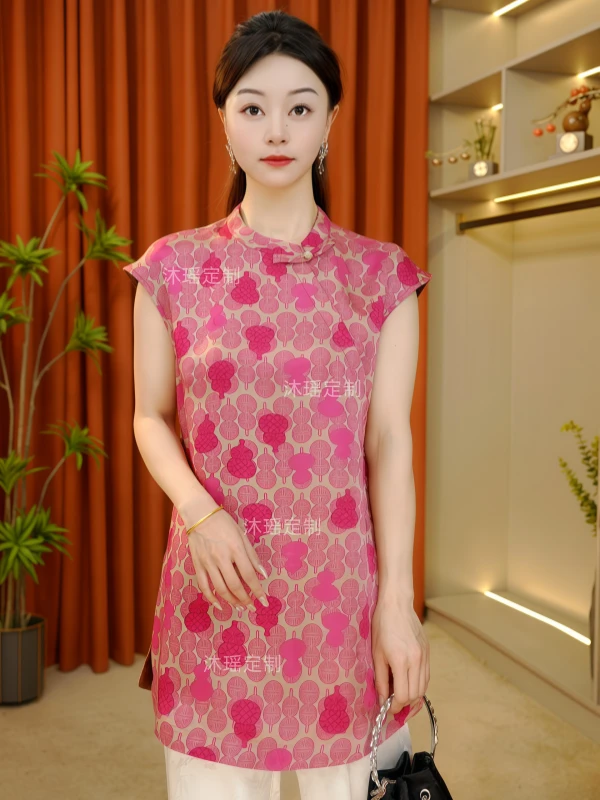 【艳阳】2025新款提花中长款新中式气质夏季女装上衣T恤中长款