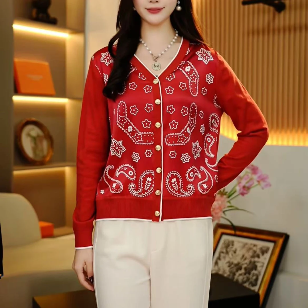 2025新款休闲女士复古印花百搭显瘦拼色外套-278红（卡帝英一店）