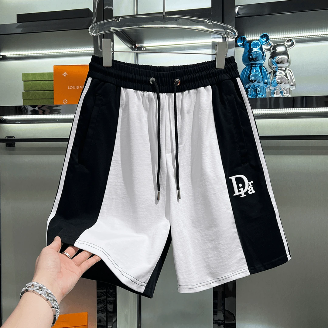 男士高端欧货拼色刺绣休闲短裤潮牌2025新款夏季时尚百搭五分裤男