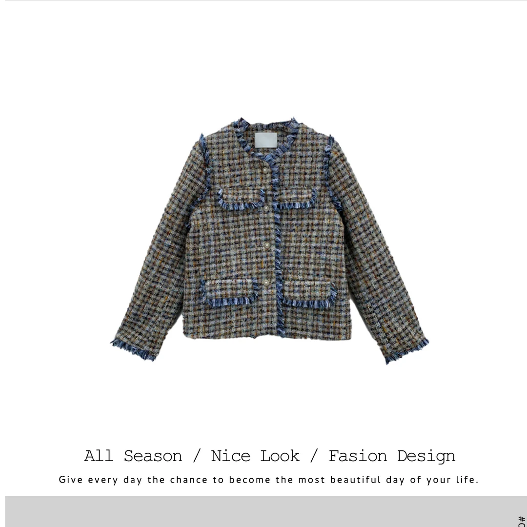 763 蓝格纹粗花呢编织外套女新款法式氛围感小香风短款上衣#002