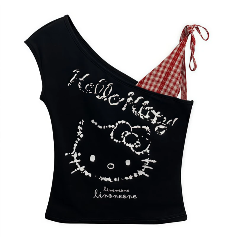 辣妹风短袖T恤女收腰显瘦上衣修身kitty猫格子拼接背心T恤女露肩