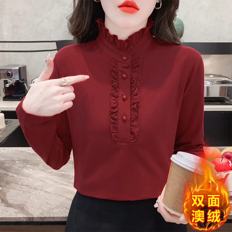 【双面澳绒】时尚半高领钉珠木耳边纯色上衣宽松显瘦遮肚长袖保暖女