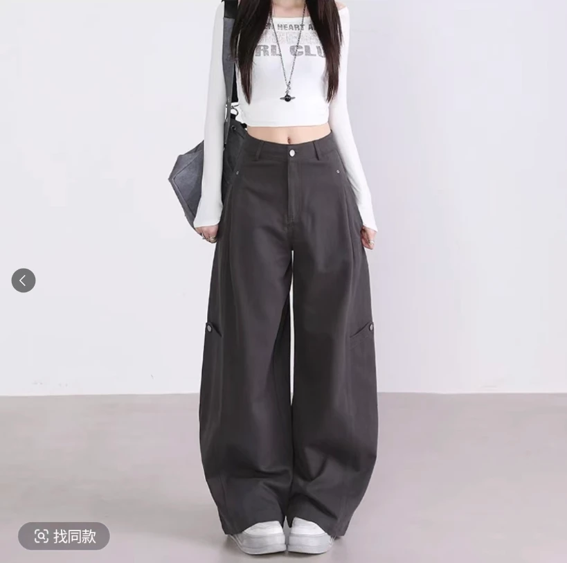 复古工装阔腿弯刀休闲裤女2025秋季新款老钱风高腰显瘦宽松镰刀裤