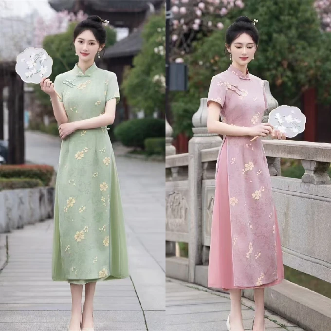 2025夏季新中式国风优雅复古遮肉显瘦长款奥黛改良日常旗袍四叶草