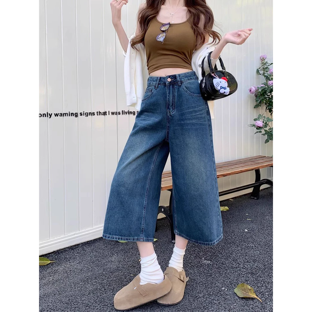 美式高街复古七分牛仔中裤女2025夏季薄款高腰款式直筒阔腿短裤子