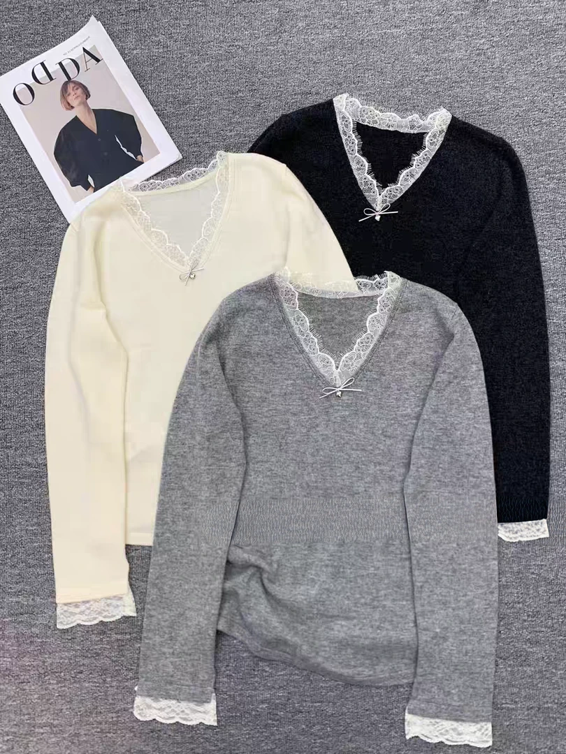 Nalian/拿恋豆子优选-时尚V领蕾丝精致洋气拼接针织衫   DZ99018