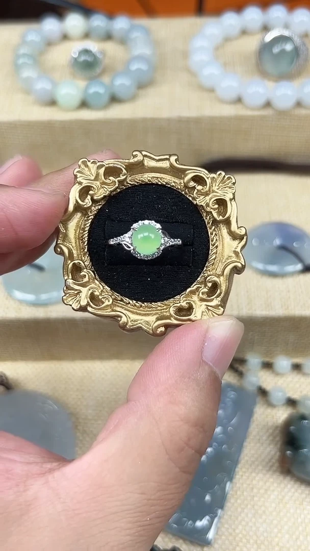 银S925镶嵌戒指翡翠天然缅A翡翠戒指