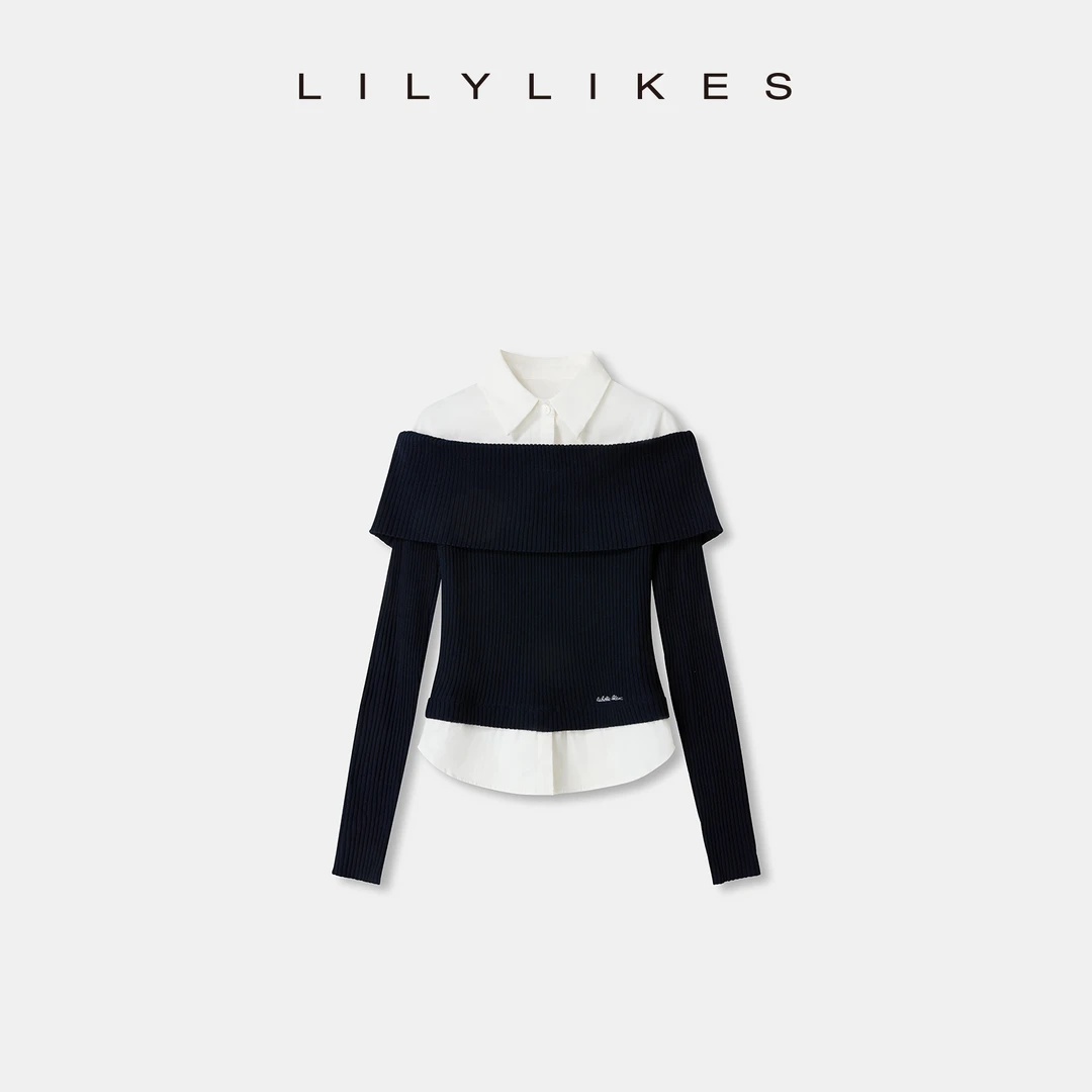 【LILYLIKES】欧尼高智姐姐！秋季假两件一字肩知识分子拼接毛织衬衫
