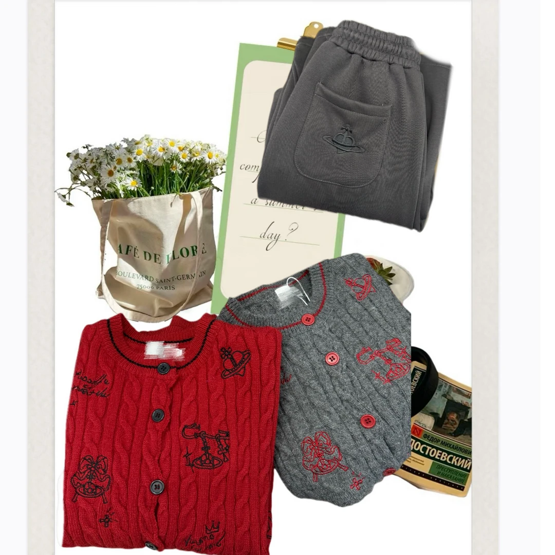 【安-伯爵红茶】复古慵懒刺绣麻花开衫毛衣满绣外套女重阔腿裤套装