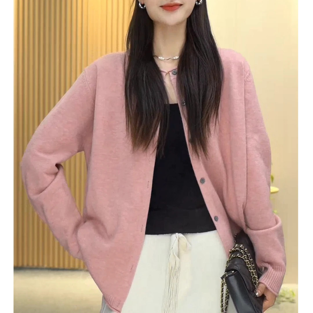 【USU】早春新款纯色小香风长袖外套气质休闲百搭宽松羊毛针织开衫