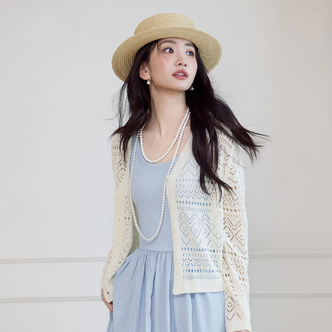 伊家同款设计感重工镂空钩花气质百搭针织衫女2025春季新款开衫