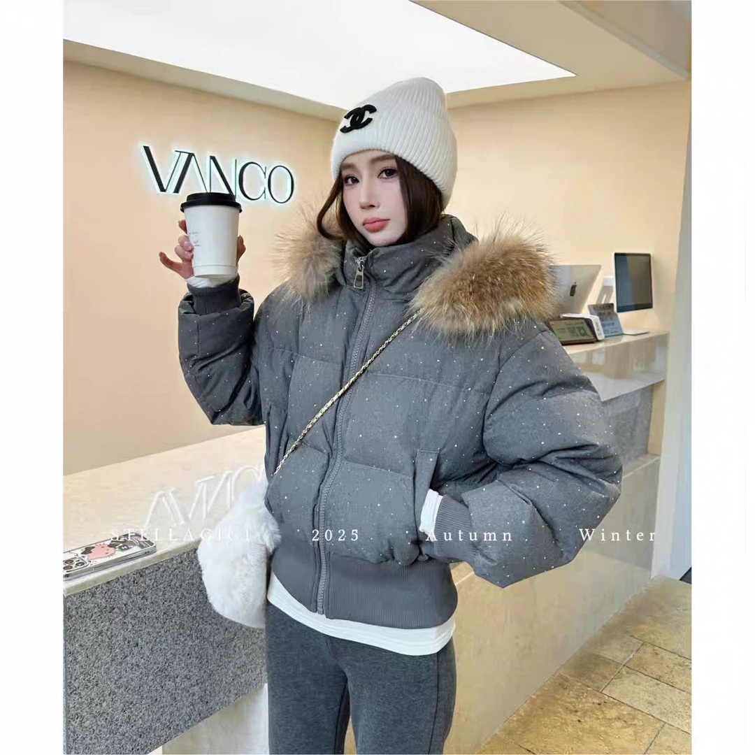 美式短款连帽大毛领加厚棉服女2025冬重工烫钻收腰显瘦保暖外套女