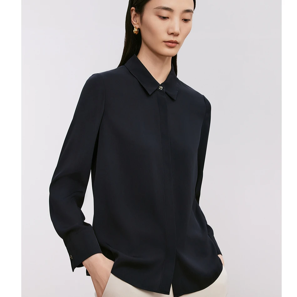 LANCY/朗姿春季新款法式长袖桑蚕丝衬衫女简约修身通勤风上衣