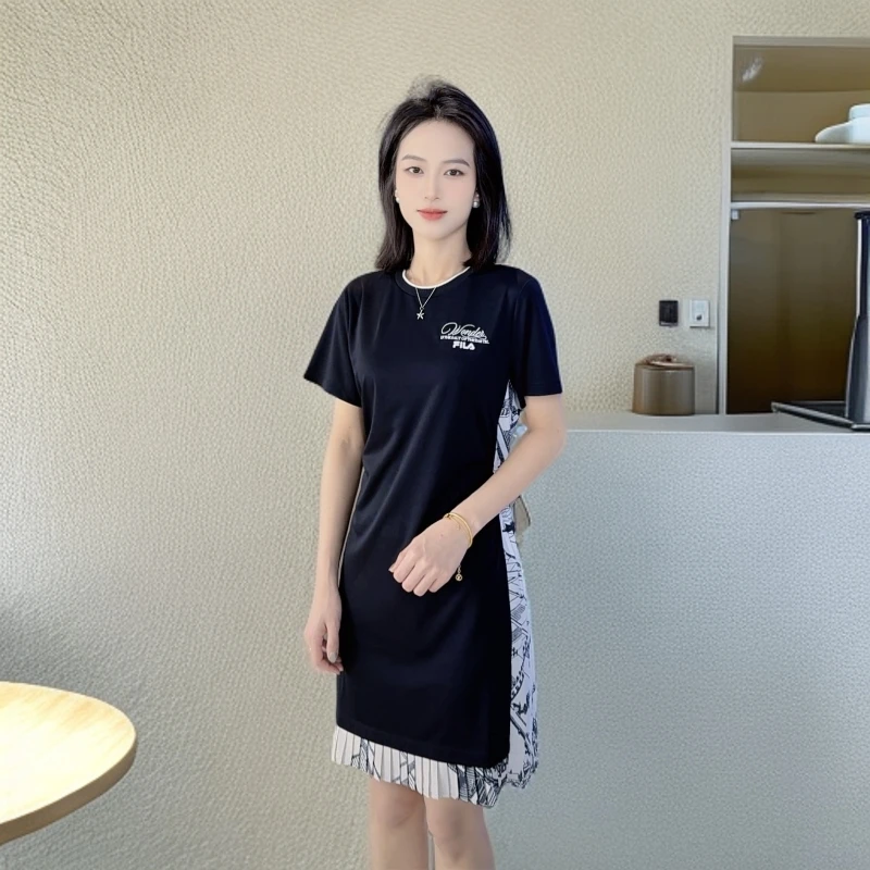 Fila/斐乐女夏季连衣裙【高定油画风】抽绳调节拼接显瘦F11W538307F