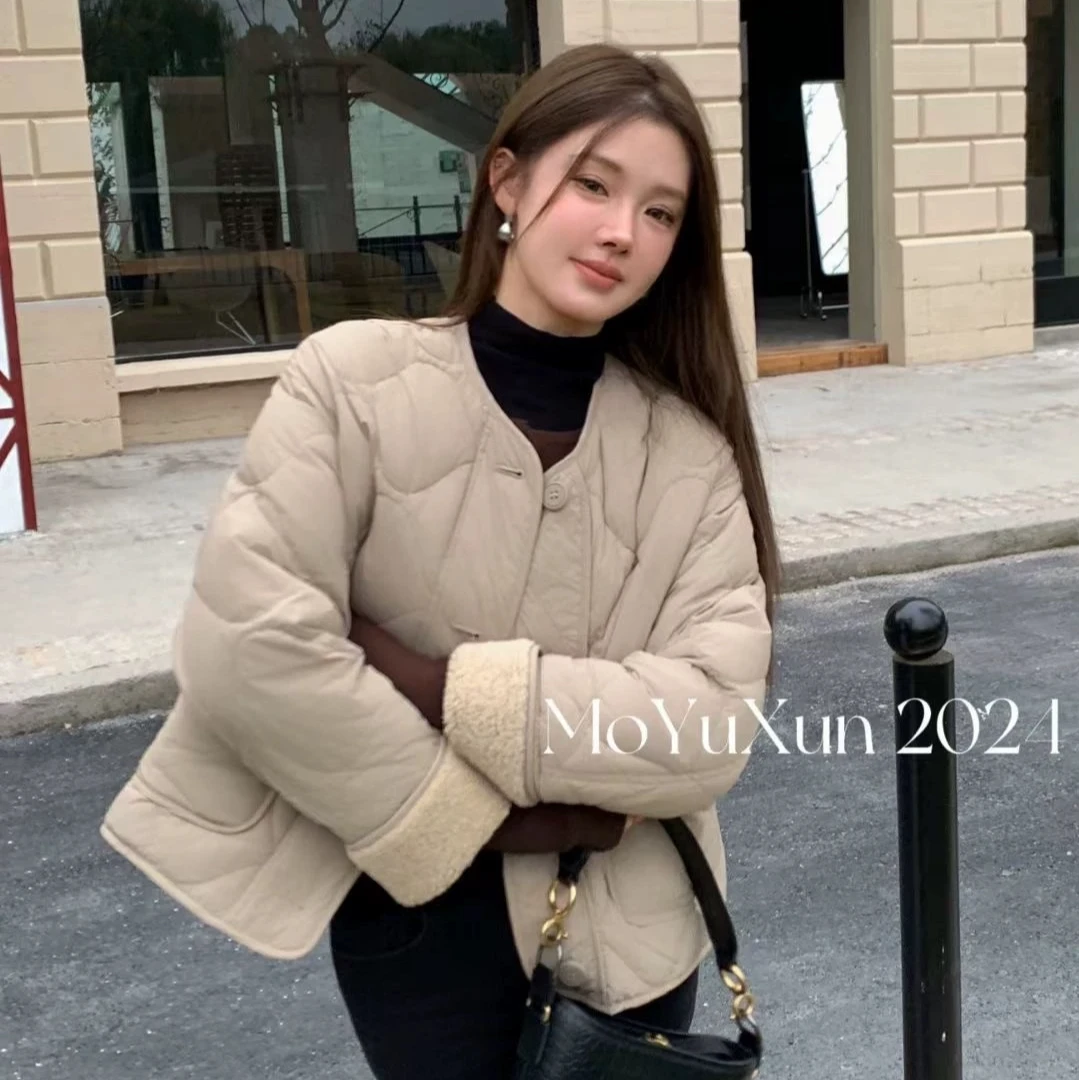 厚款短款植绒羽绒服时尚圆领立领宽松休闲外套冬季菱形7821