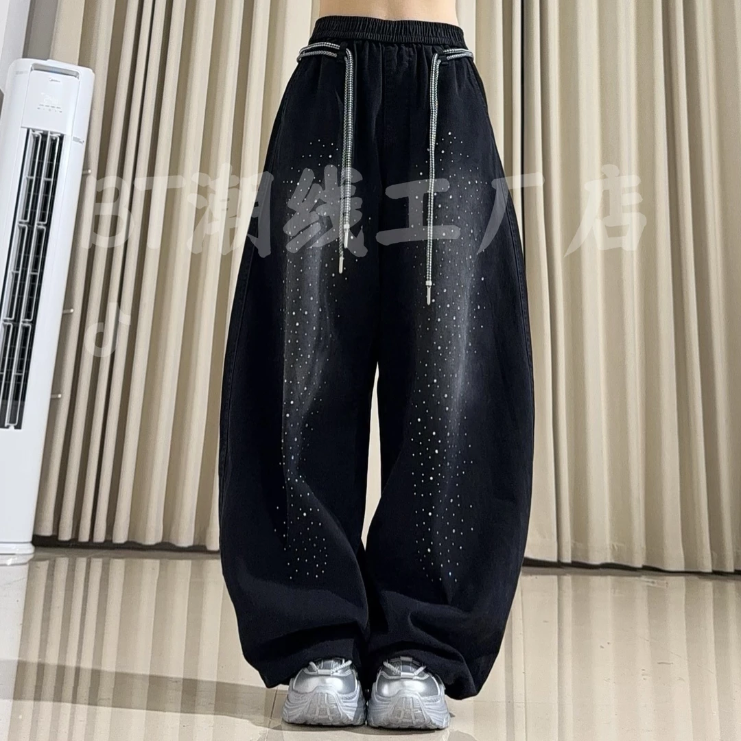 2552新品烫钻高街法棍中腰女显瘦云朵绵长裤百搭宽松阔腿裤