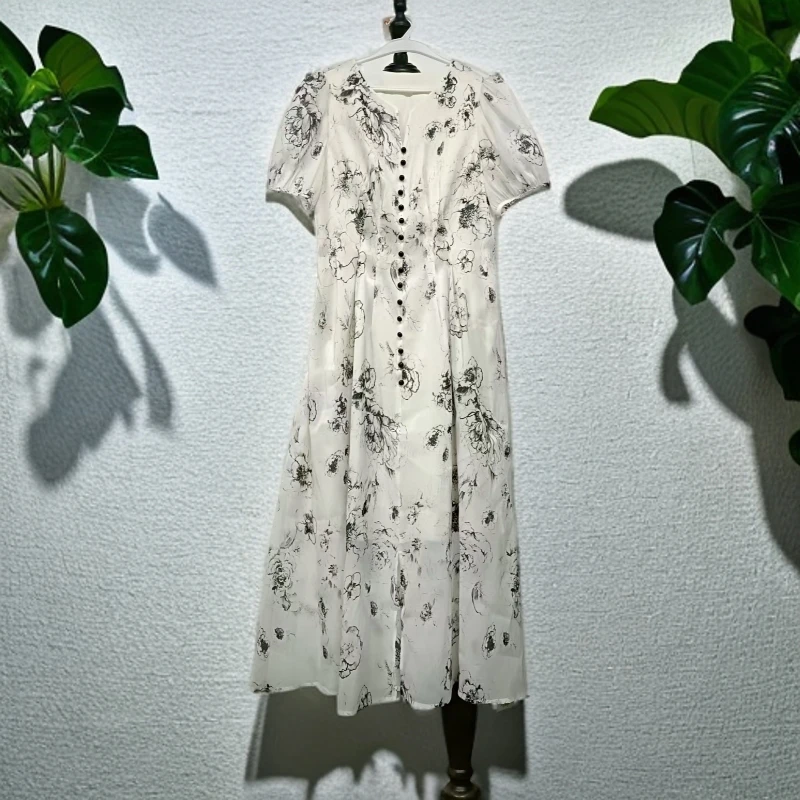 夏季V领印花修身显瘦连衣裙F325