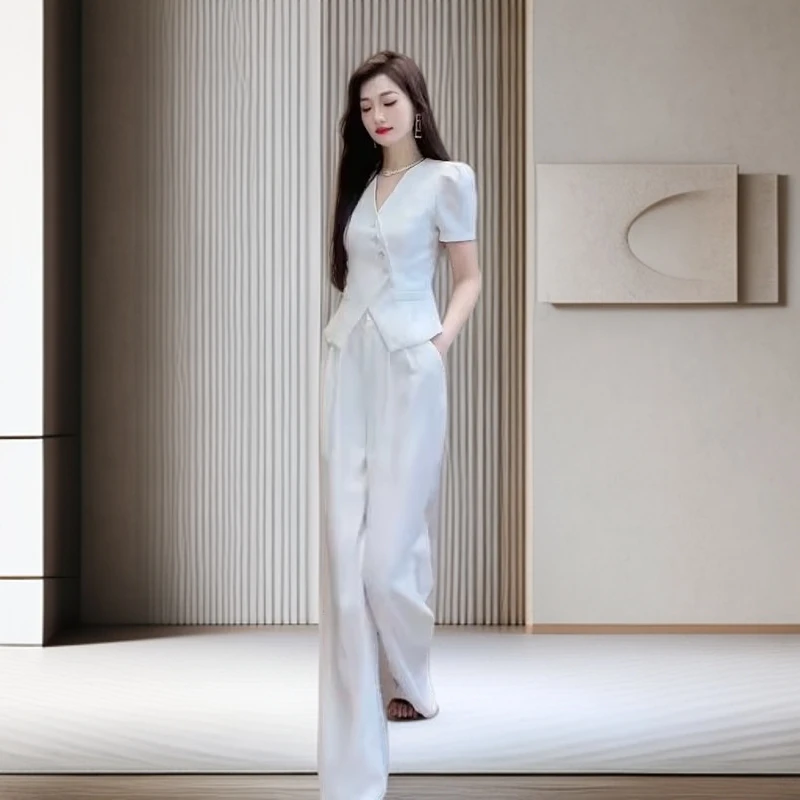 2025夏季新款高雅时尚套装女高级斜纽扣小西服上衣气质长裤两件套