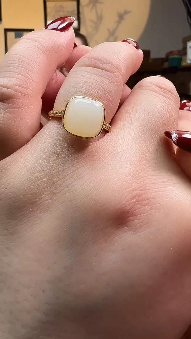 银S925镶嵌戒指和田玉白玉小方糖戒指