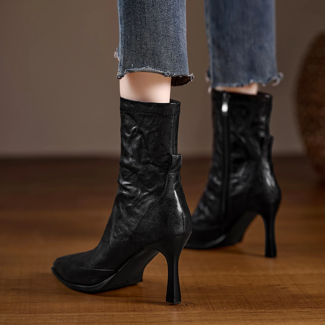 AACCK女鞋8.4cm细跟尖头时装靴法式高跟短靴手抓羊皮短筒单靴真皮