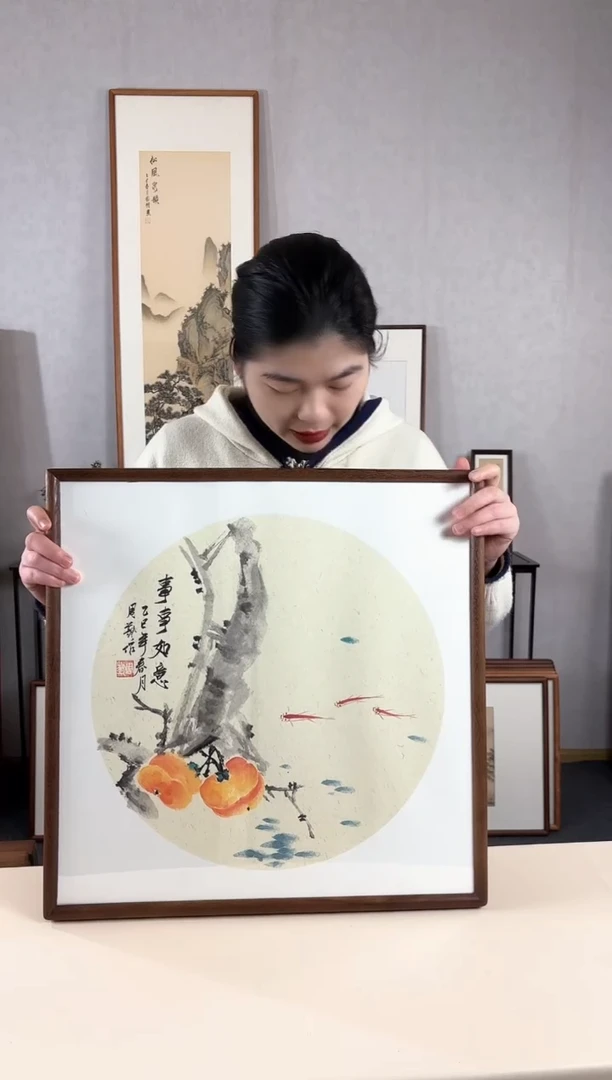 【闪购商品】国画手绘*柿柿如意*47*92cm实木框