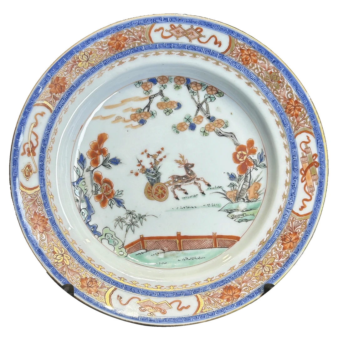 25260042x青花五彩矾红描金鹿纹盘