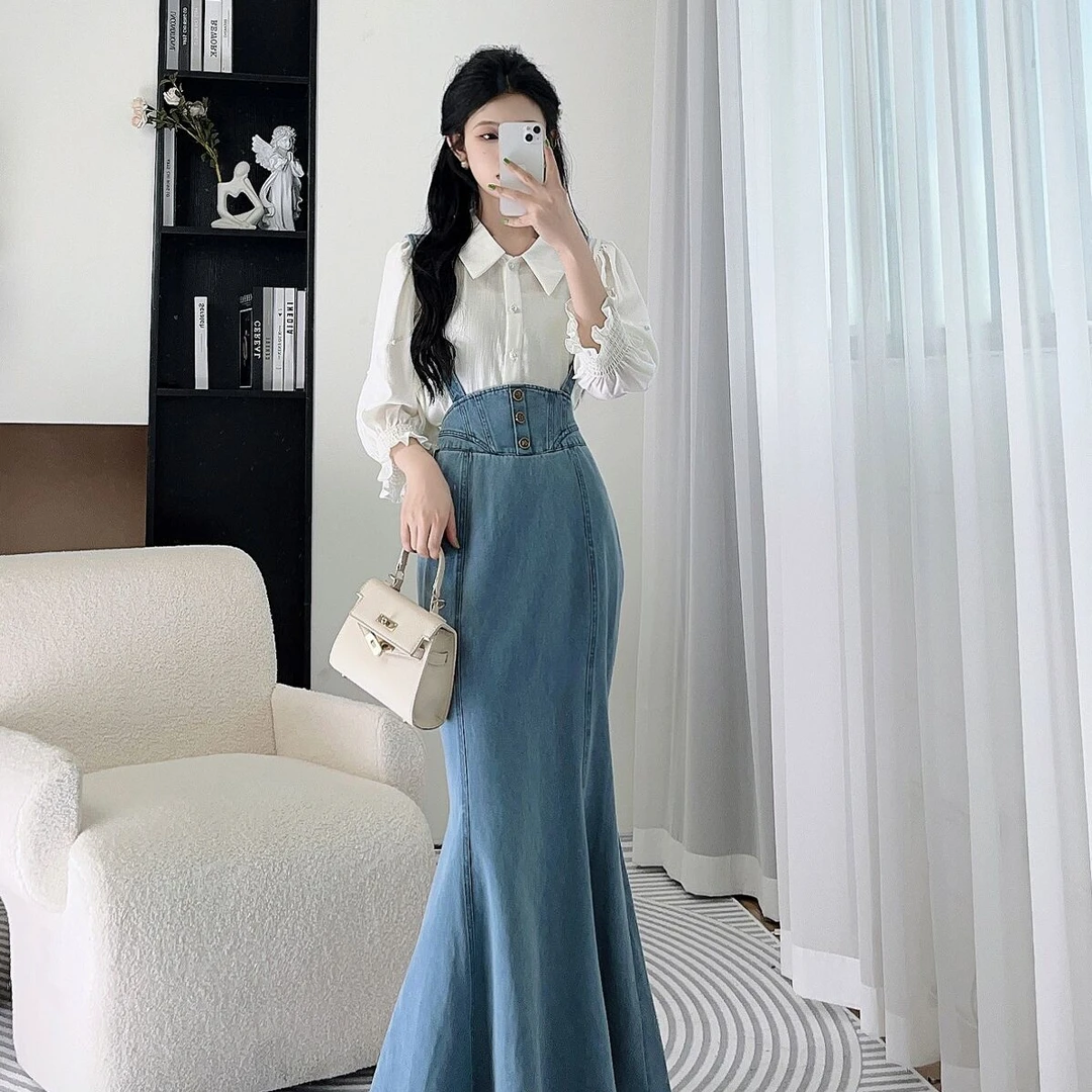 拉夏贝尔2025秋季新款牛仔气质设计高级感上衣+半裙 10017 YQJ