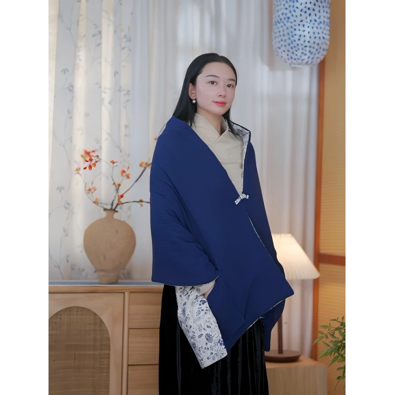 秋冬新款中式双面衍缝夹棉手工盘扣保暖披肩女士冬季围巾