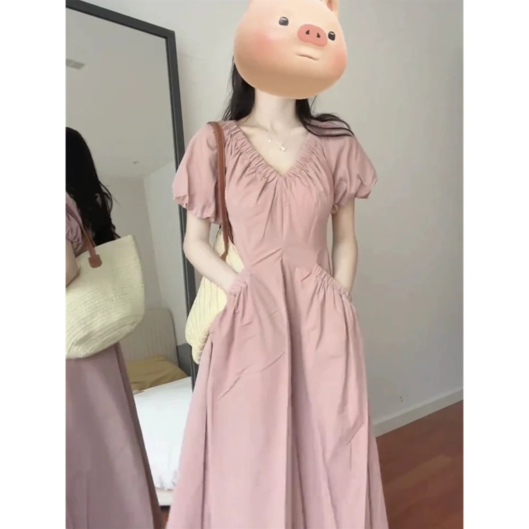【筱安】法式茶歇绝美粉色V领泡泡袖连衣裙女夏季收腰长裙6947