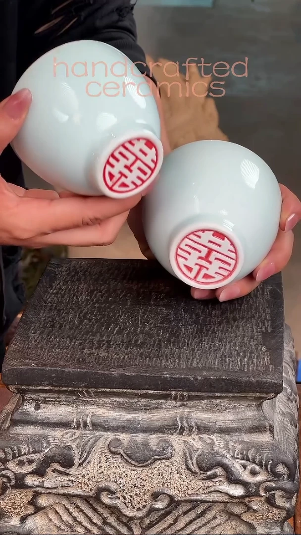 陶瓷手工喜字杯青瓷