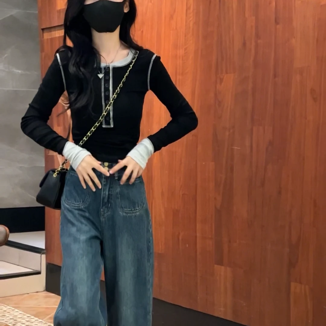1009款早春新款时尚百搭显瘦撞色设计打底衫修身针织XU