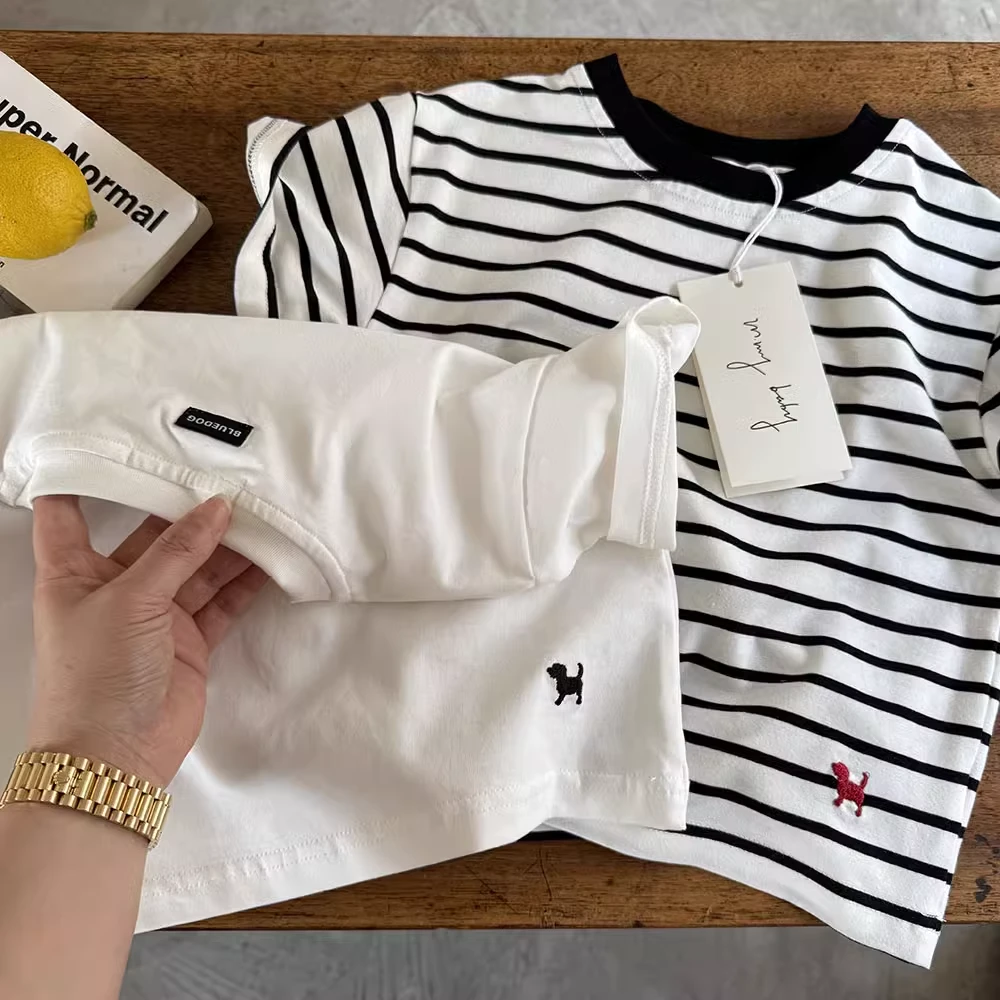 儿童T恤男薄款2025夏季新款小童条纹短袖T纯色潮宝宝tb上衣女薄款
