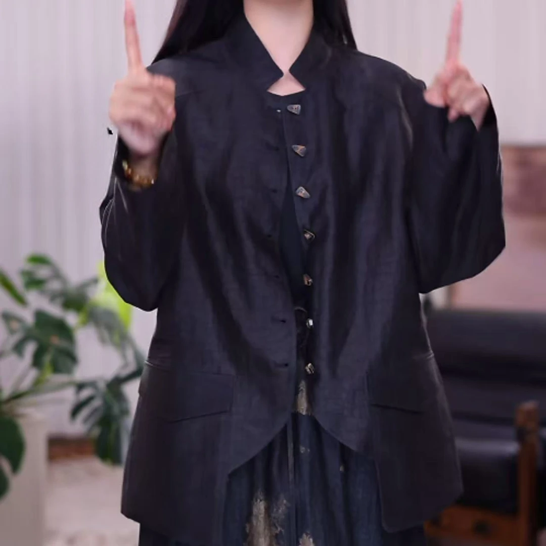 『砚知』100%桑蚕丝休闲显瘦气质黑色时尚西装外套