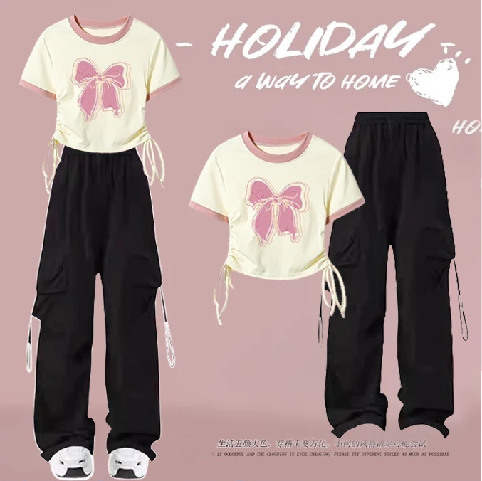 夏装中大童少女套装小学初高中学生洋气上衣高腰工装阔腿裤两件套