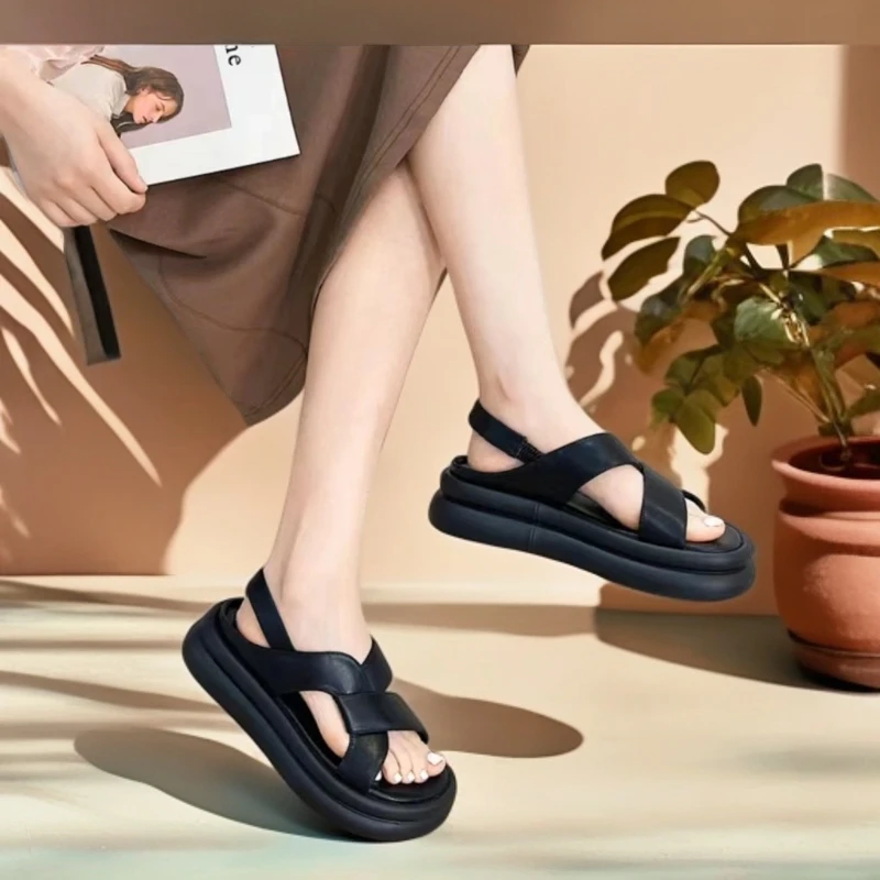 厚底百搭女款软底女鞋小个子高级感防滑女士凉鞋真皮平底外穿增高