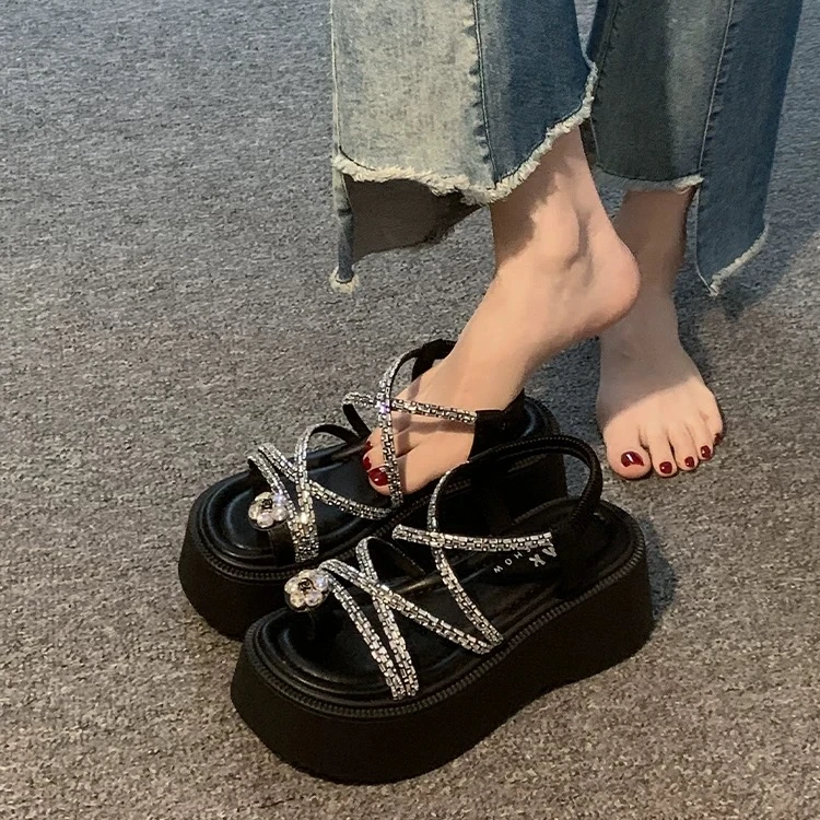 网红水钻条厚底凉鞋女2025夏季新款仙女风配裙子百搭休闲罗马凉鞋