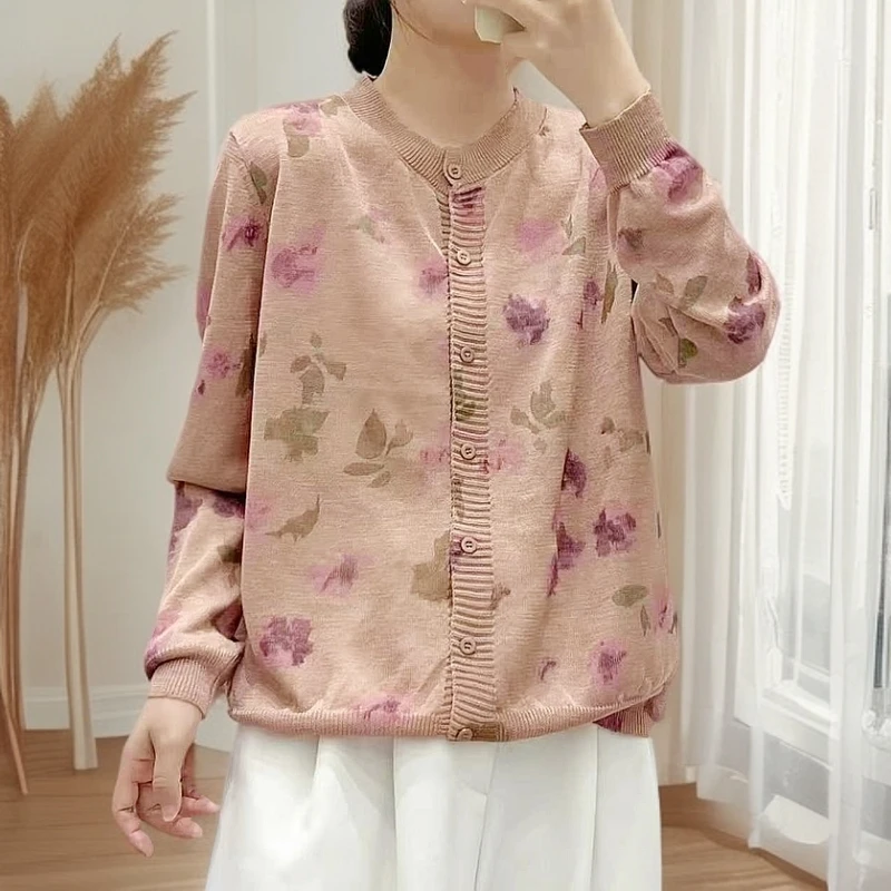 T2025春夏设计感玫瑰印花上衣女春季休闲浪漫长袖开衫复古百搭麻